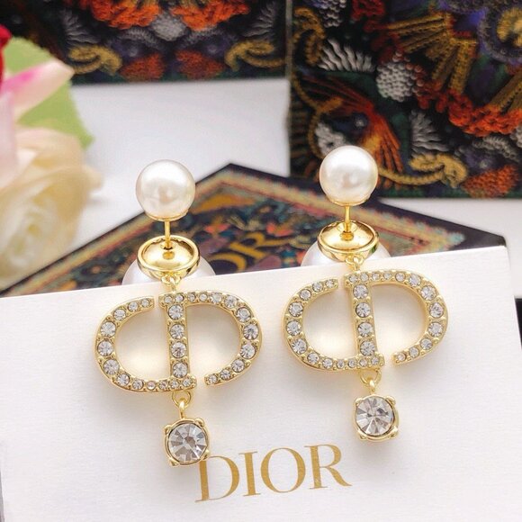 Dior Gold and White Pearl Earrings with CD Logo With Box - Picture 1 of 9